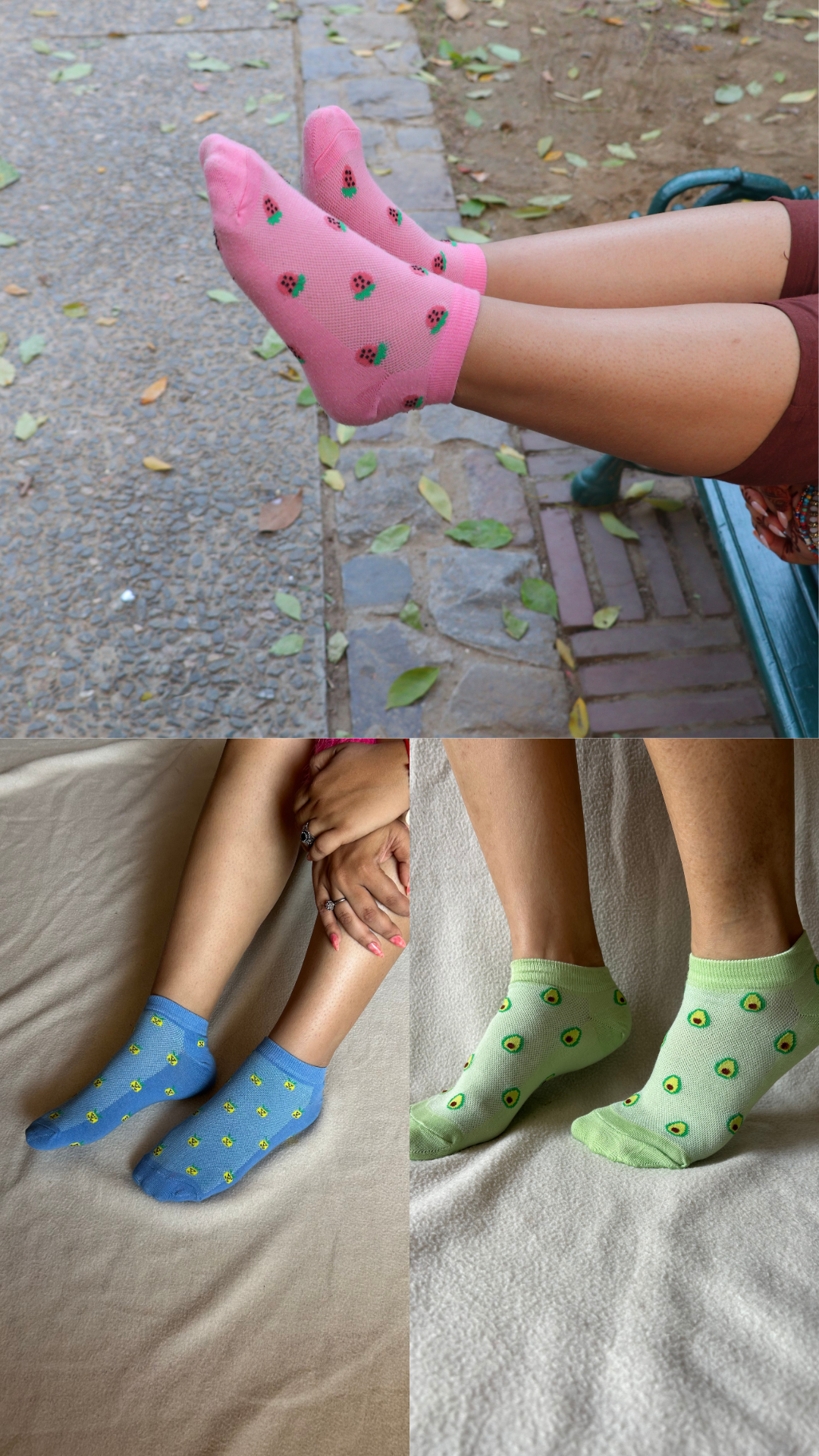 Model showcasing Juicy Toes Combo – a set of funky socks featuring vibrant fruit prints like strawberries, avocados, and pineapples, perfect for a fresh and fun look.