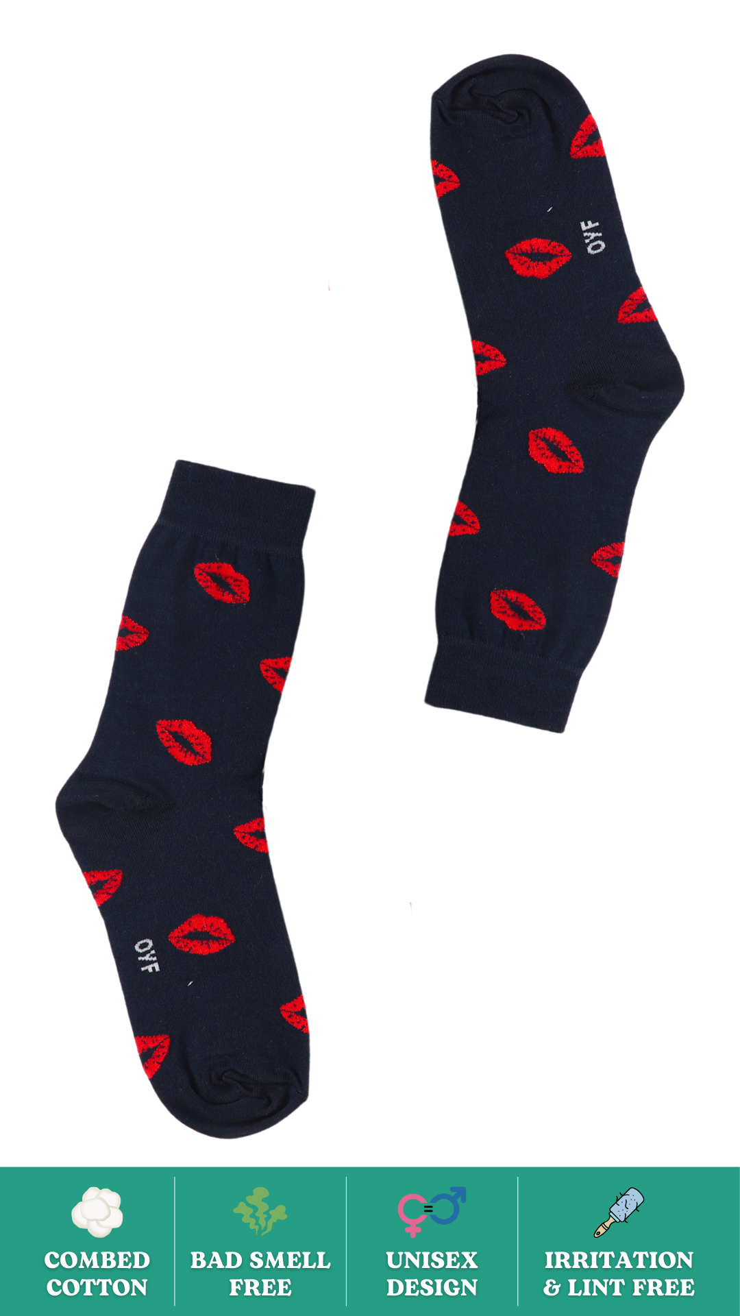 Kiss Me Socks on White Background - Black and Pink Heart Design Funky Socks