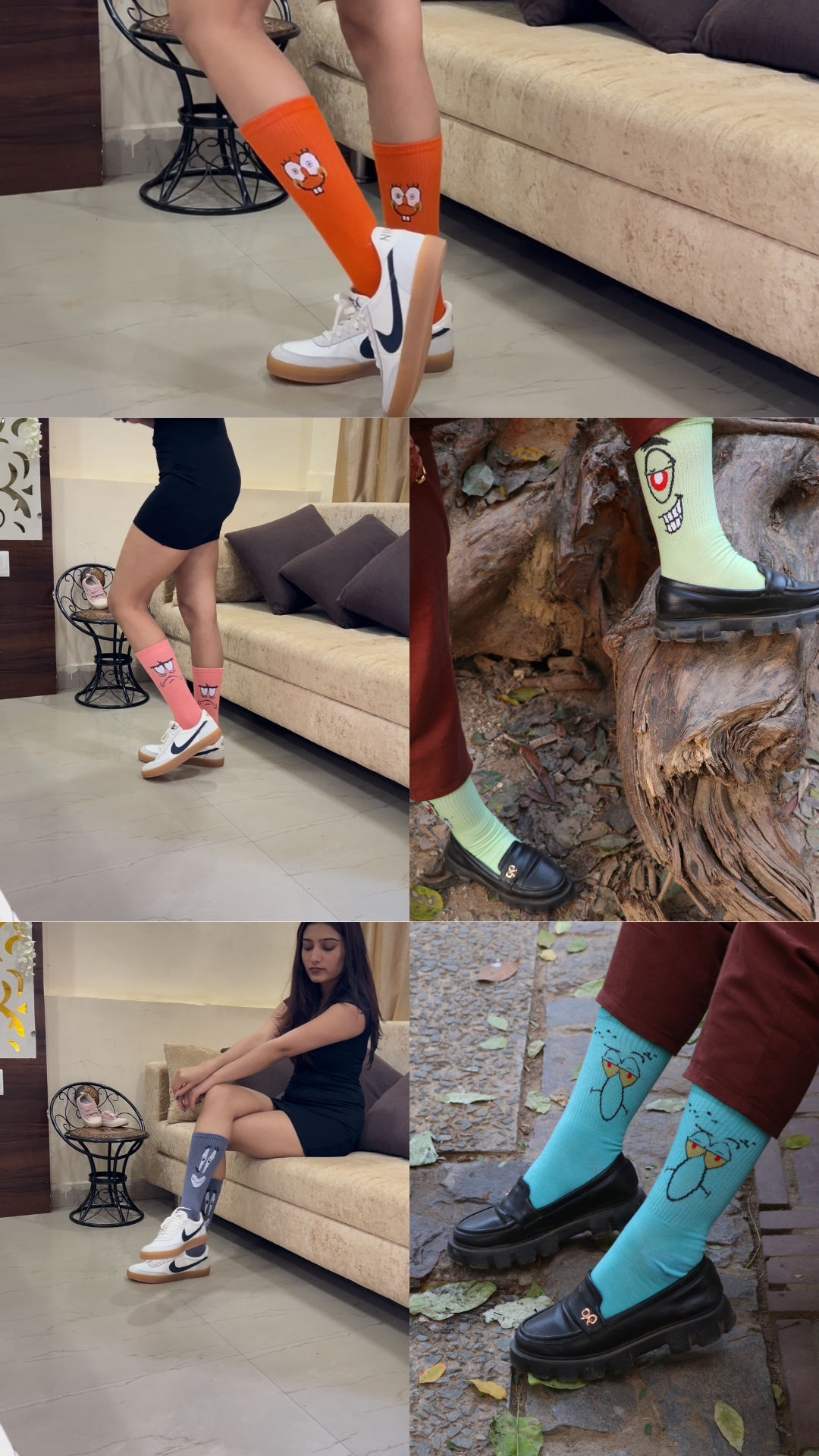 Model wearing Sockmojis Combo – a vibrant collection of crew-length funky socks featuring a variety of playful emoji designs, perfect for adding personality and fun to your feet.
