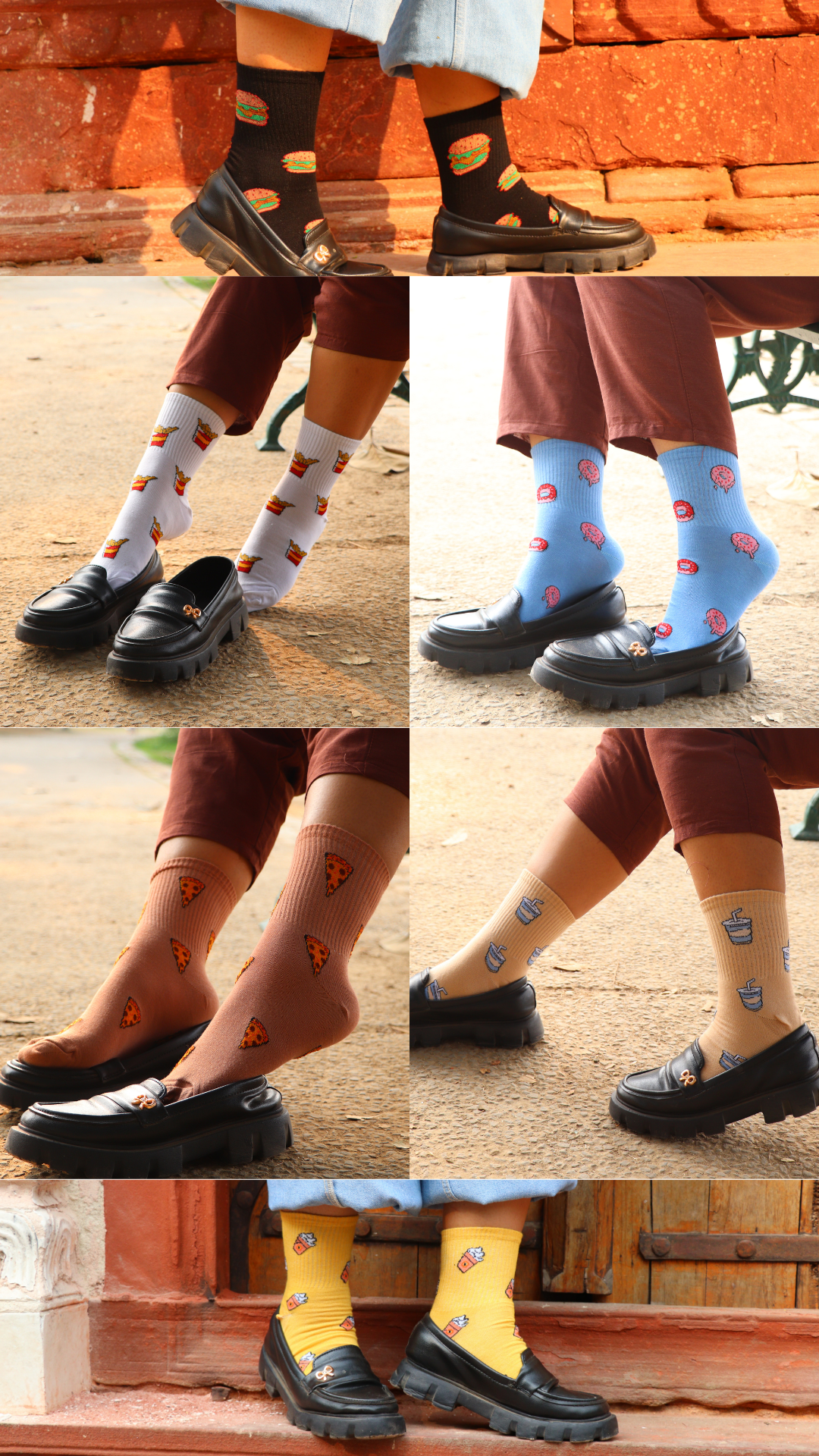 Model showcasing full Toelicious Combo funky socks collection – burger, pizza, donut, fries, mojito, and caffeine-themed cotton crew socks for food lovers.
