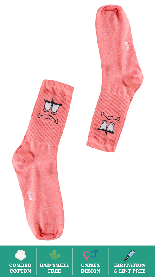 Annoyed Face Funky Socks on White Background - Crew Length Socks with Emoji Design