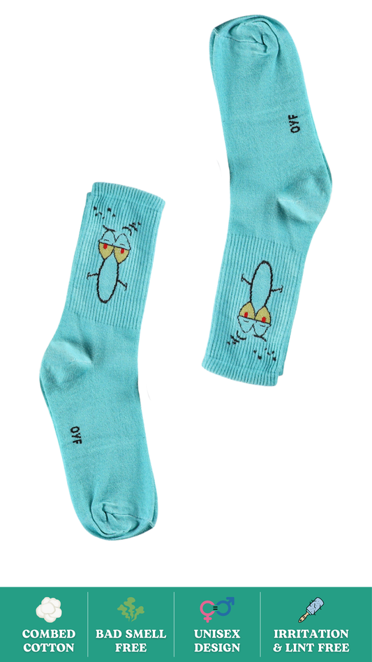 Big Nose Funky Socks on White Background - Fun Cyan Crew-Length Socks Featuring a Big Nose Emoji Design