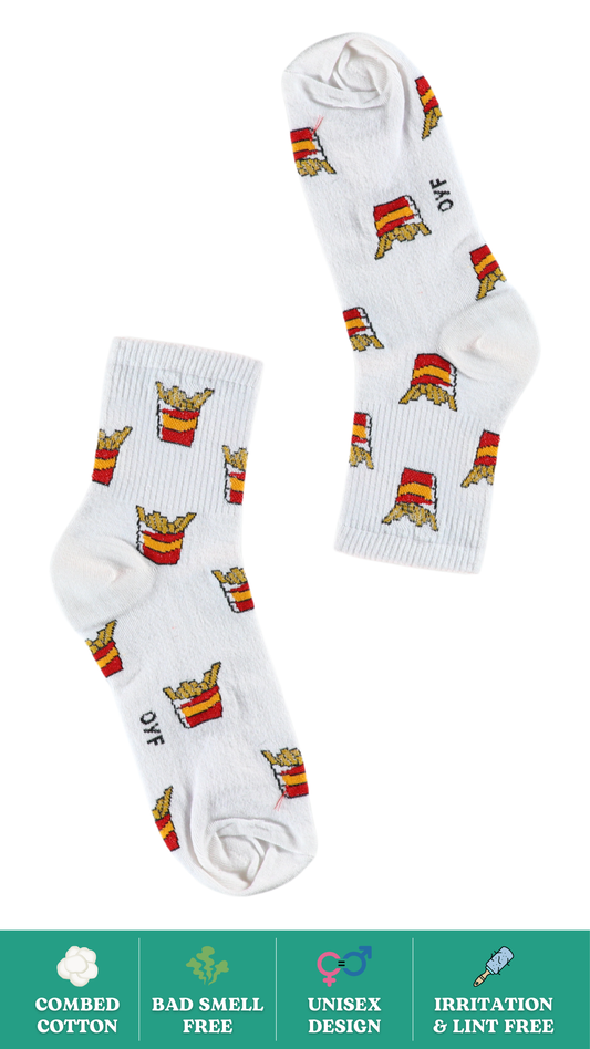 Crispy Fries Funky Socks on White Background - Fun and Comfortable Ankel Length Socks with French Fries Print