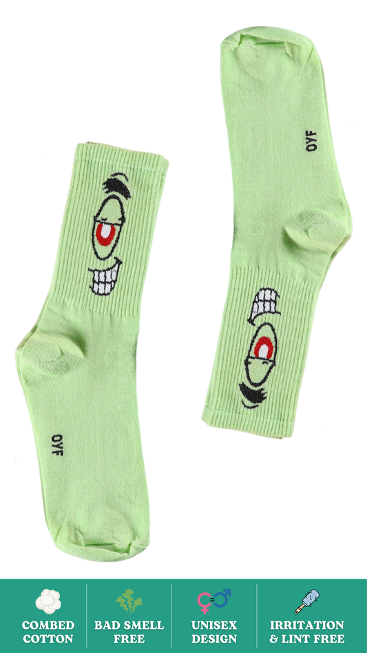Devil Red Eye Funky Socks on White Background - Bold and Playful Crew Length Socks with Red Eye Design
