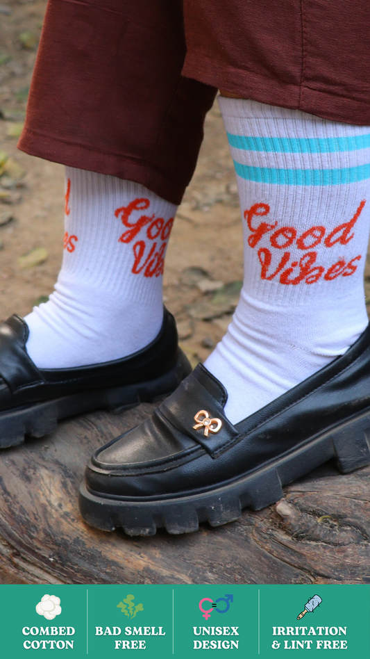 Model showcasing Good Video product cover – a stylish and vibrant sock design featuring playful elements, perfect for adding personality to your footwear collection.








