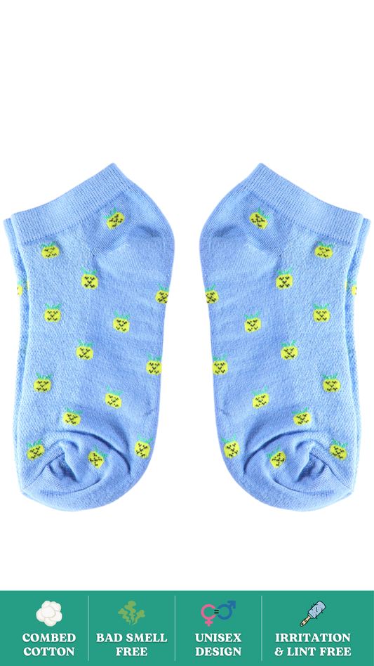 Juicy Pineapple Blue Socks on White Background - Funky Fruit-Inspired Sneaker Length Socks for a Refreshing Look