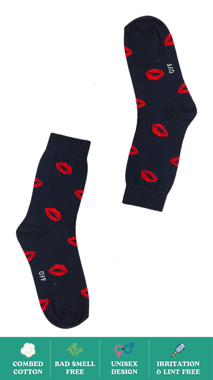 Kiss Me Socks on White Background - Black and Pink Heart Design Funky Socks