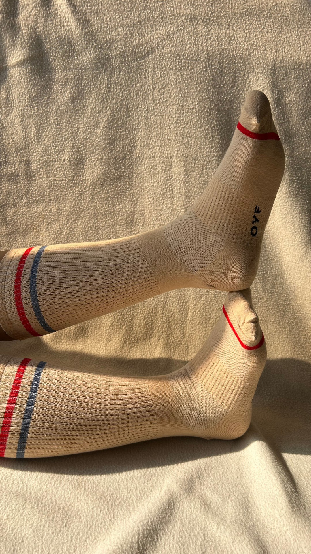 Model wearing Racer Stripe office socks – premium formal cotton socks in beige for everyday comfort and style.