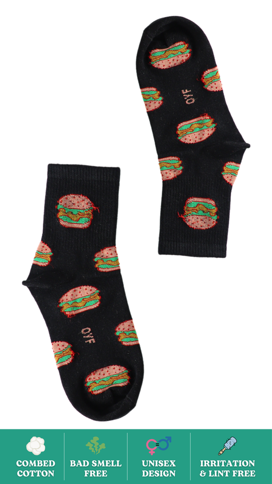 Saucy Burger Funky Socks on White Background - Fun and Trendy Socks with Burger Print, Perfect for Casual Wear
