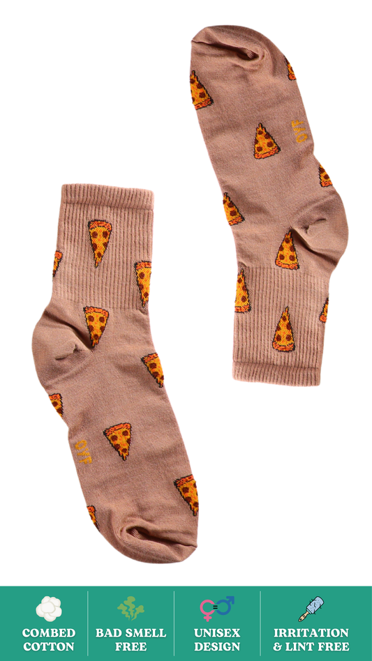 Saucy Pizza Brown Socks on White Background - Funky and Comfortable Ankel Length Socks with Pizza Print