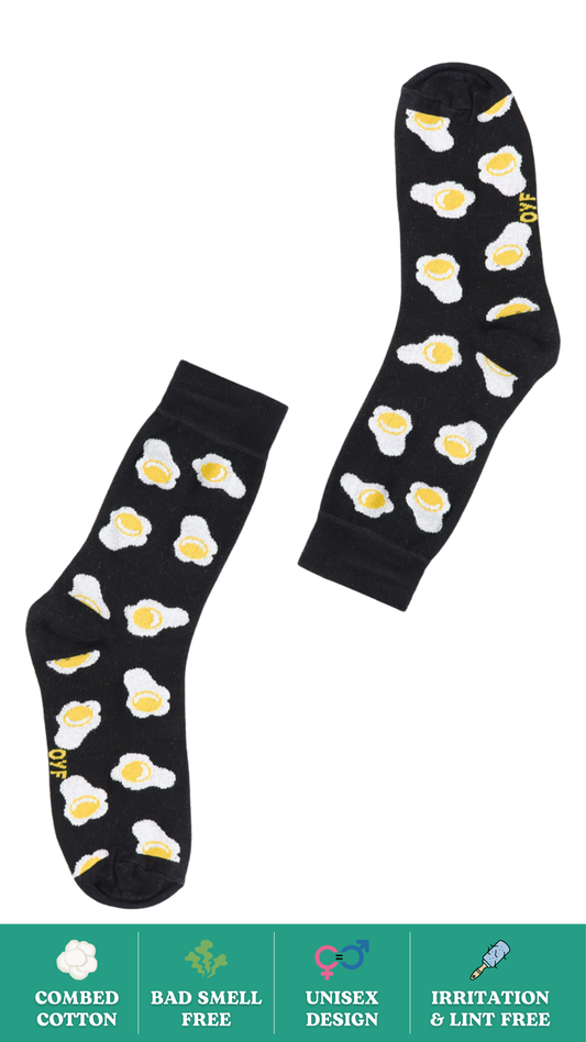 Sunny Side Up white egg print funky socks – soft cotton crew-length unisex socks with playful breakfast design.