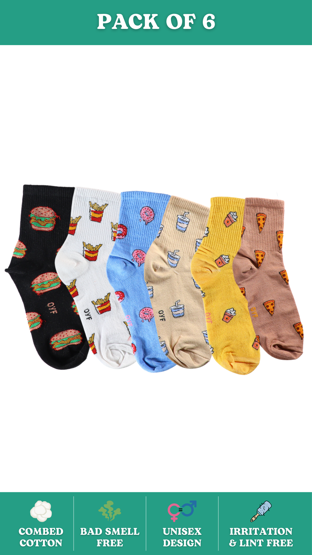 Toelicious Combo Socks Collection on White Background - Fun Food-Themed Socks with Burger, Donut, and Pizza Designs