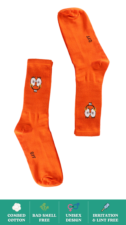 Wide Teeth Funky Socks on White Background - Playful Orange Crew-Length Socks with a Fun Teeth Emoji Design