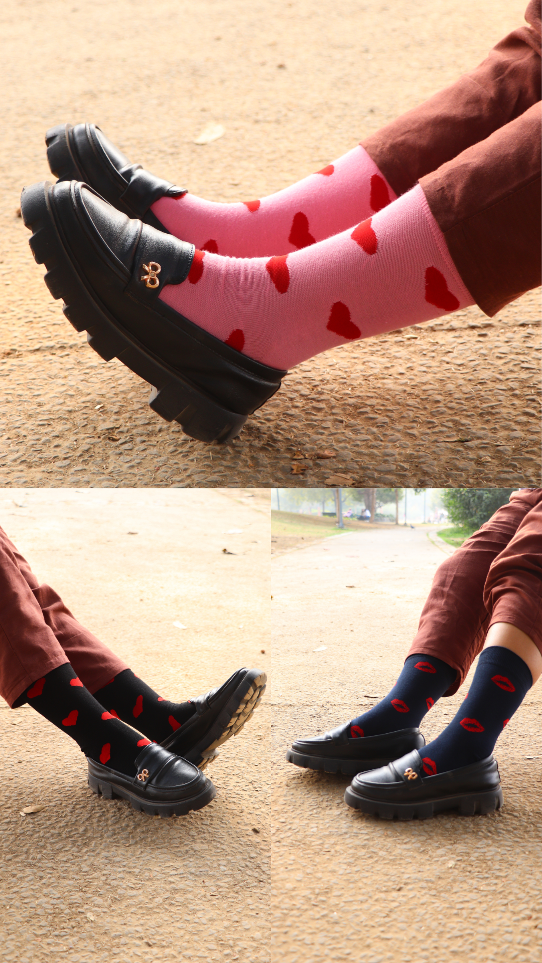 Model showcasing XOXO Combo – a set of funky socks with heart and lip prints, perfect for couples, featuring soft cotton crew-length socks for a fun, loving look.







